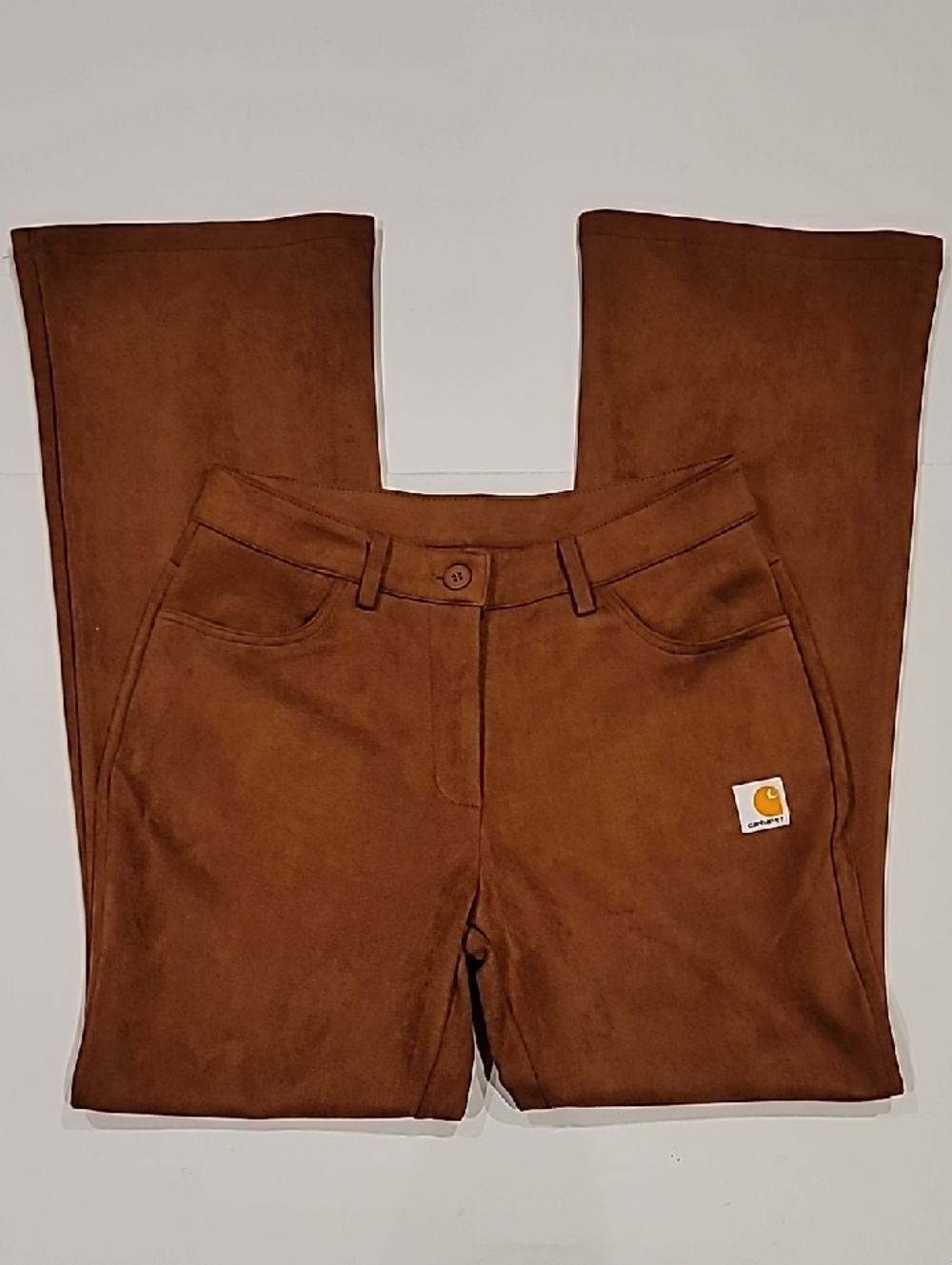 Carhartt Burnt Orange Faux Suede Flare Jeans Patch Logo Detail Small - Picture 3 of 12
